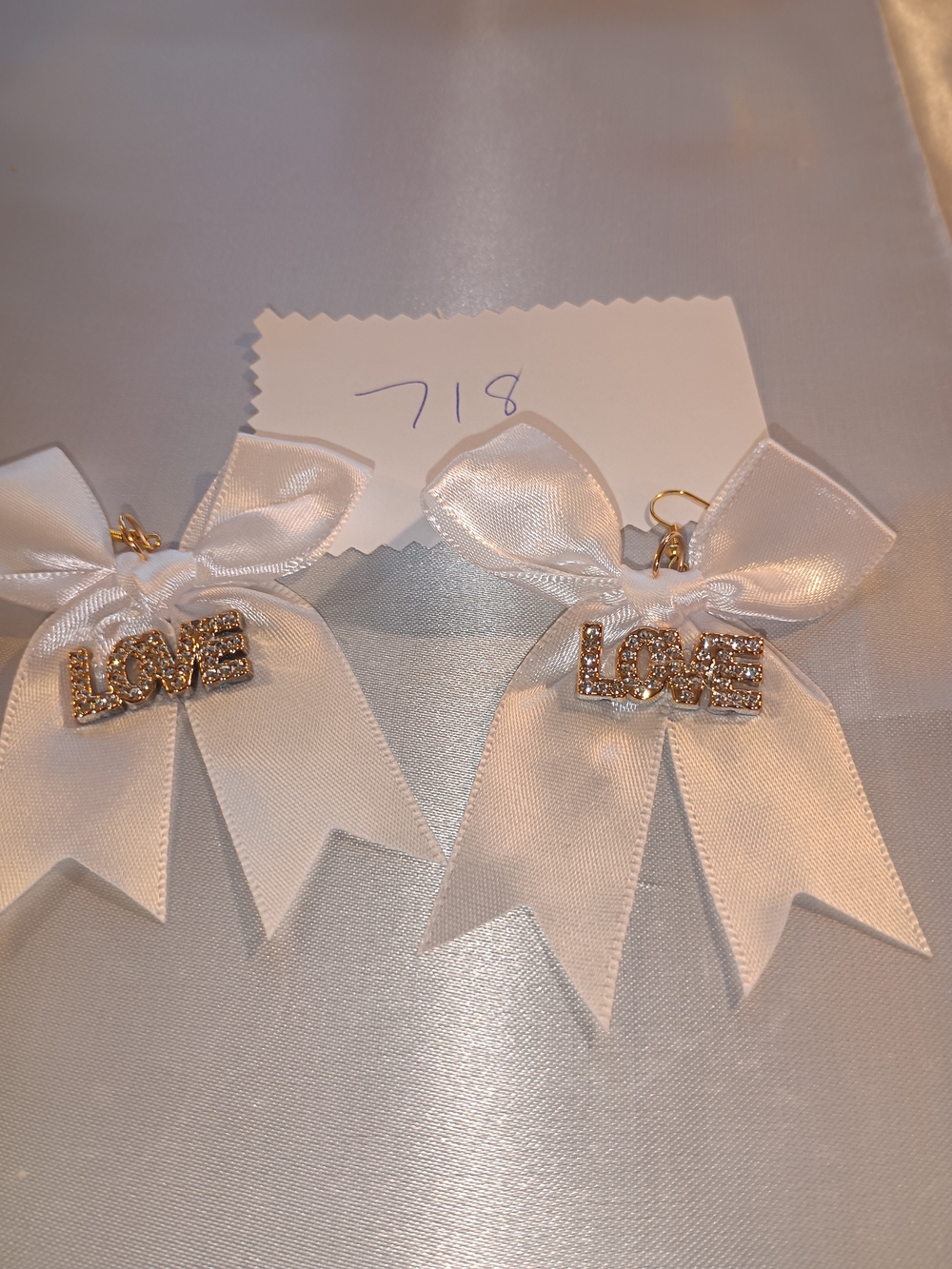 Rhinestone LOVE Bow Earrings - White Satin Bows